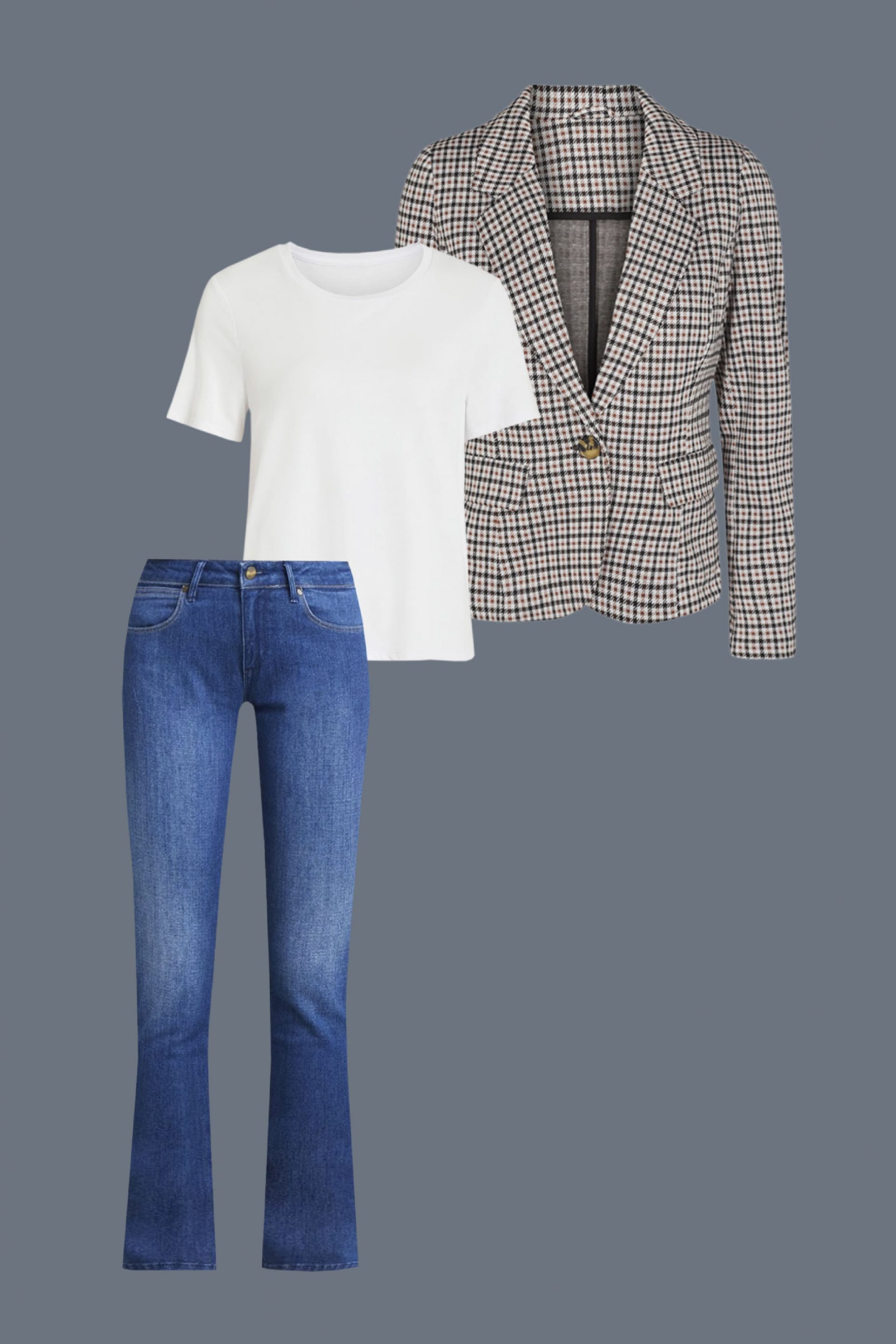 checked blazer with jeans and t-shirt