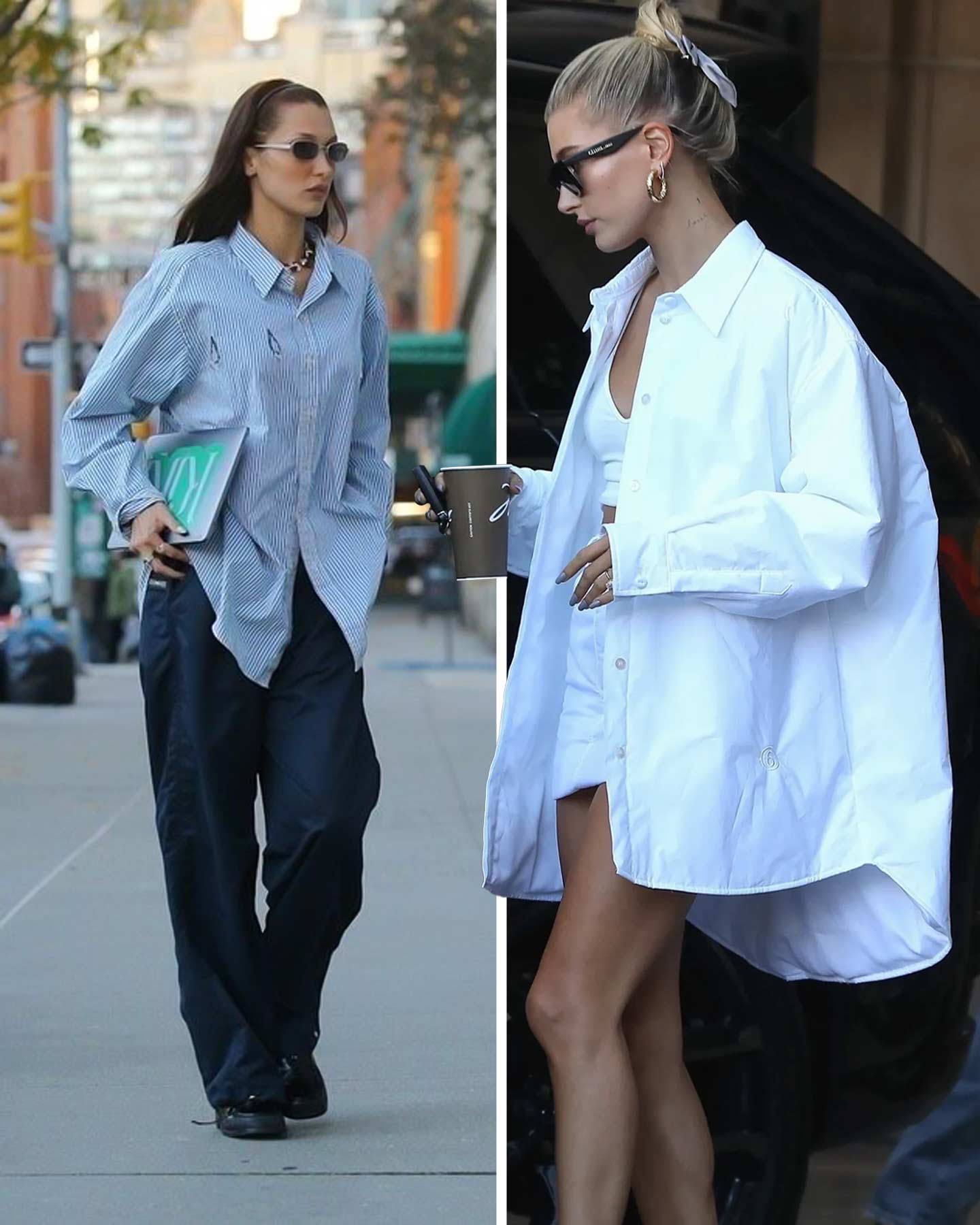 Hailey Bieber Wears an Oversized Tuxedo Jacket With Nothing Underneath