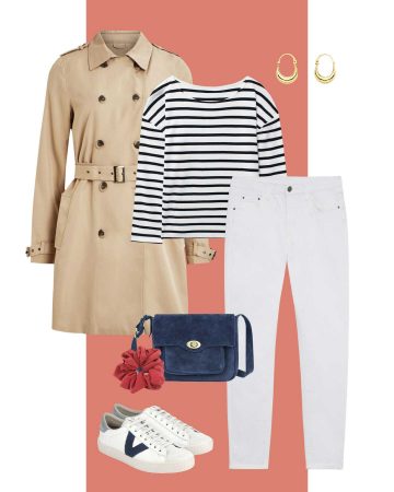 a striped pullover and white trousers
