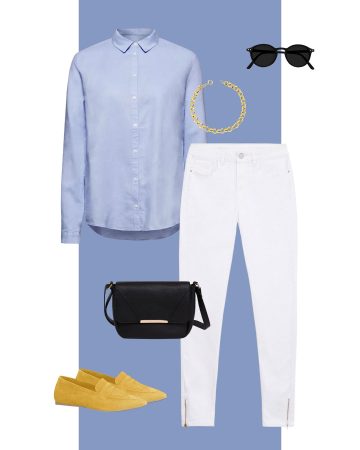 Weiße Hose mit einer blauen Bluse