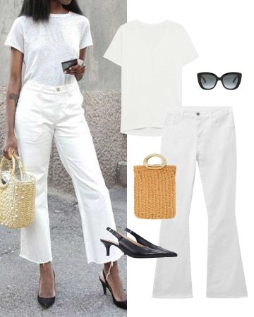 a pair of white denim trousers with a basic white t-shirt.