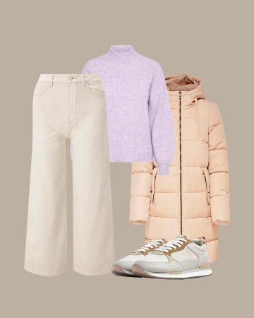 look jeans culotte blanc pull lilac basktes beige doudoune longue beige