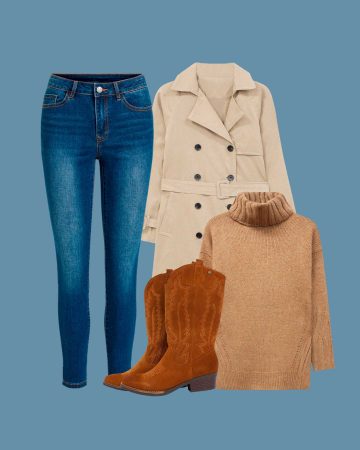 look jeans skinny pull beige bottes santiags trench beige