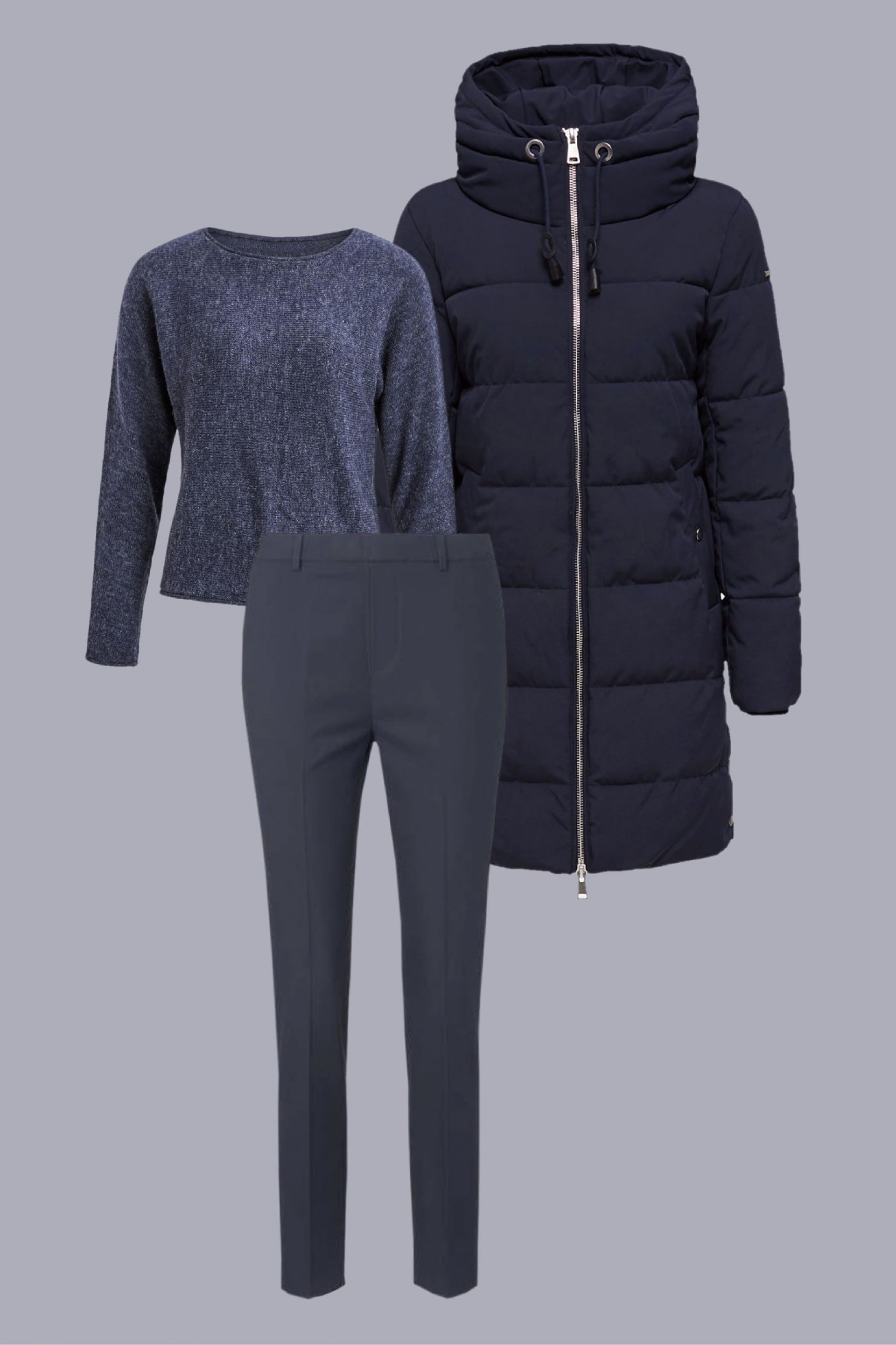 Look minimalista com casaco de plumas em azul marinho